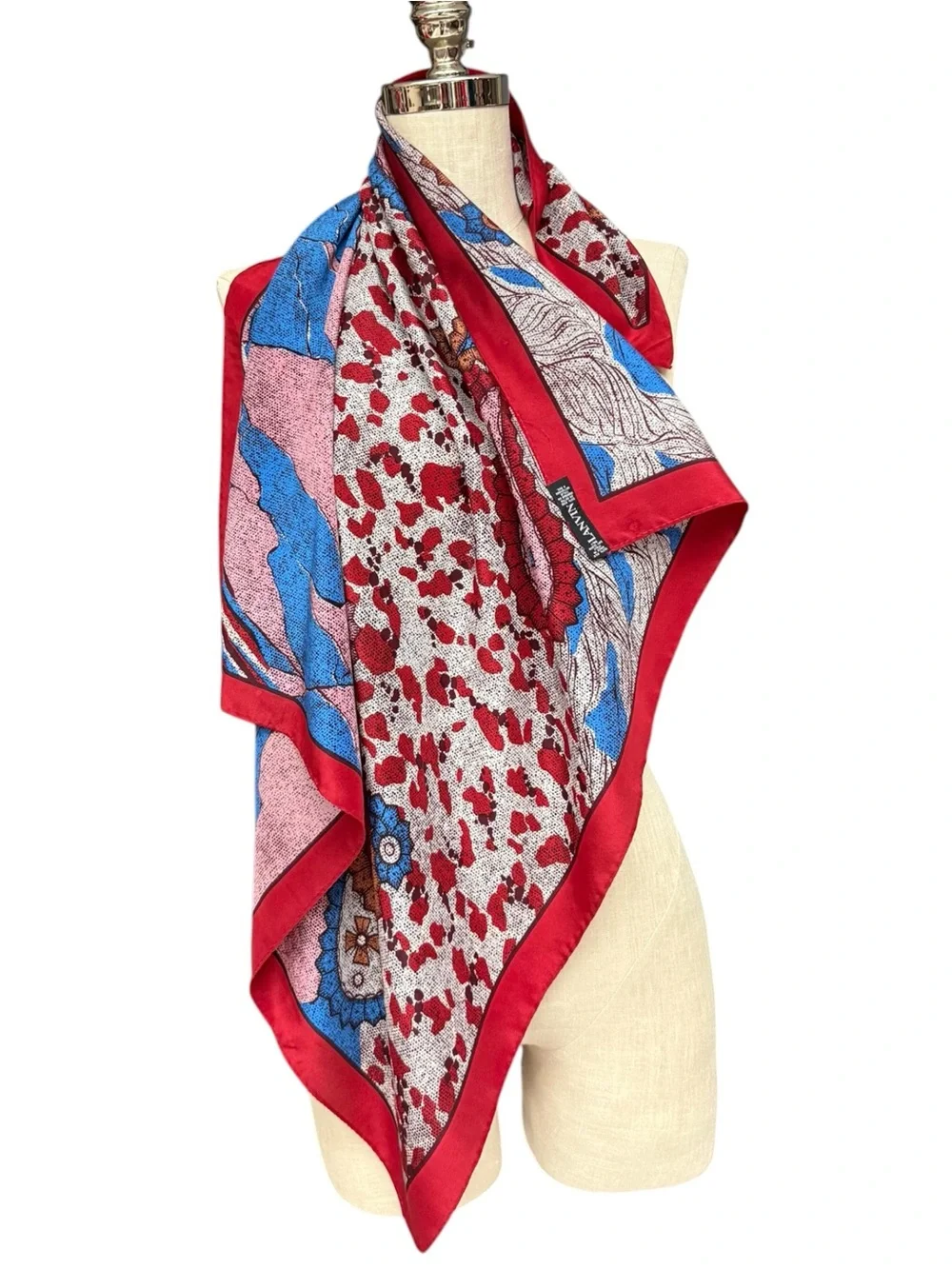 Lanvin Paris 100% Silk Italy Abstract Paisley Print Square Scarf Red Blue 30x29